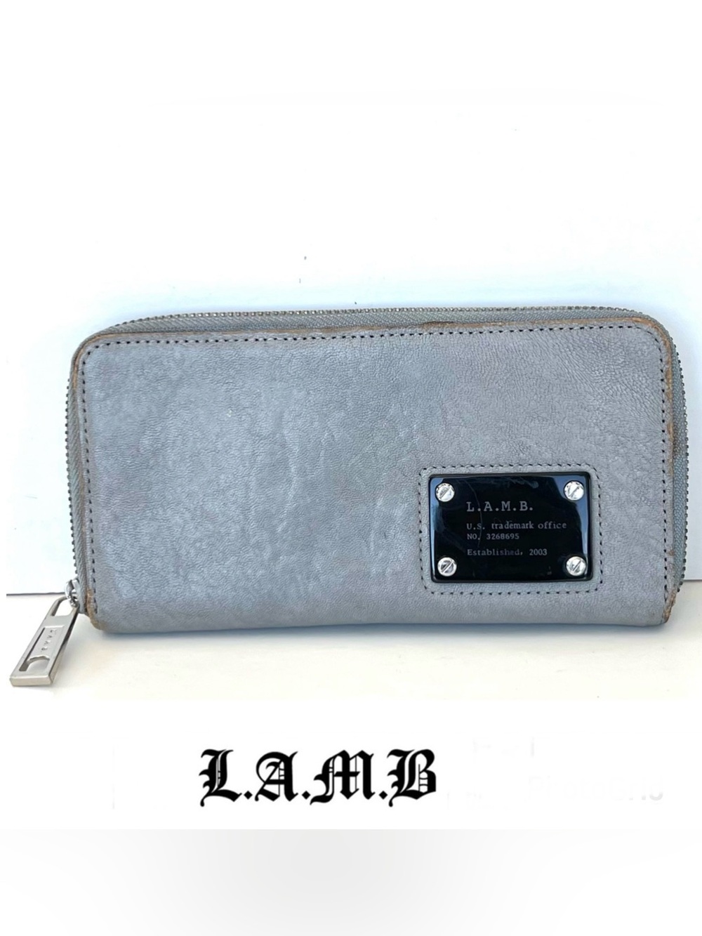 L.A.M.B. Gwen Stefani Gray Smooth Leather Black Logo Full Zipper Around Wallet